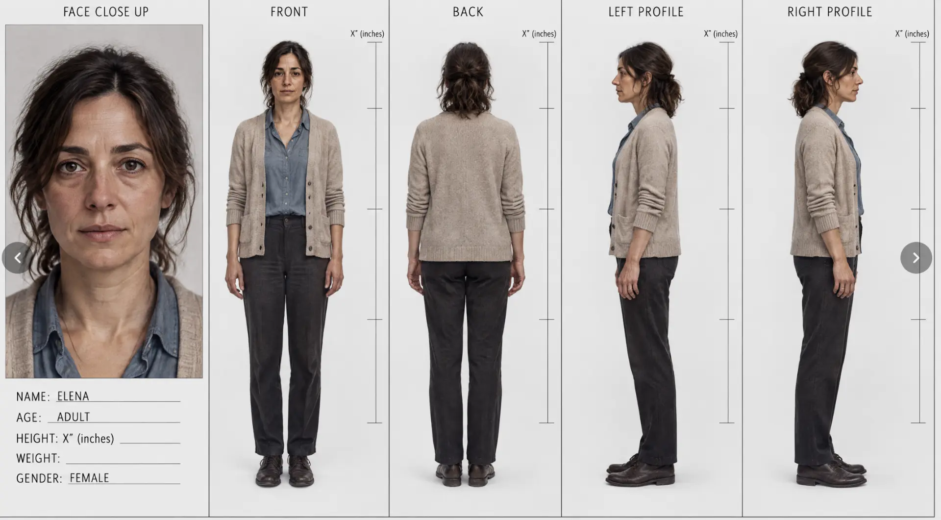 Elena character turnaround: face, front, back, left and right profile
